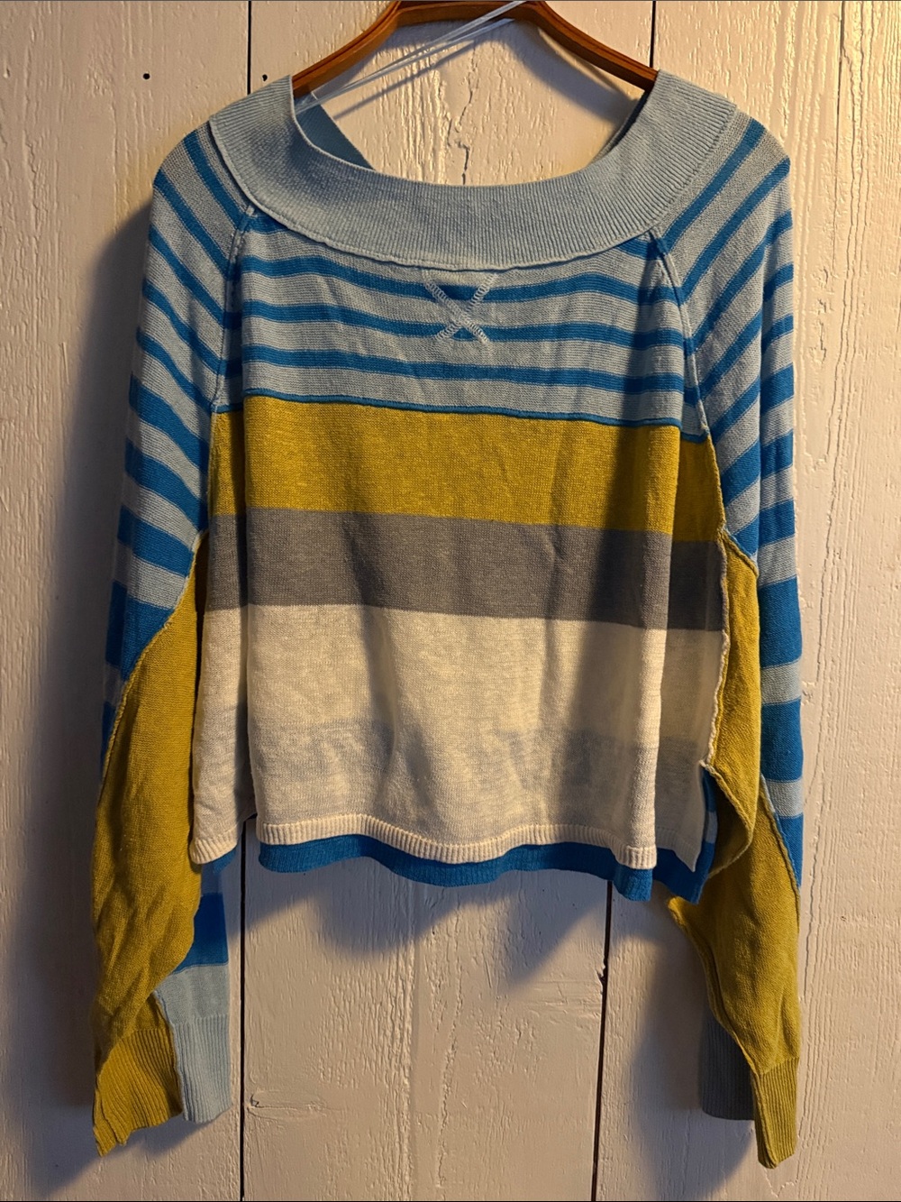 Free People Striped Crop Sweater in Blue, Yellow, Gray, White